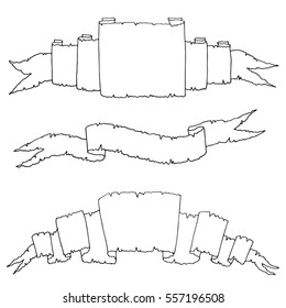 Set of hand drawn decorative ribbons. Grunge paper ribbons sketch collection, ink illustration with black outlines