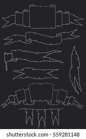 Set of hand drawn decorative ribbons. Grunge paper ribbons sketch collection, chalk illustration with white outlines on black chalkboard