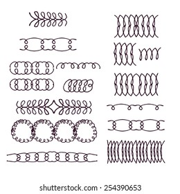 Set of hand drawn decorative scrolls, elements for frames and borders, design elements. Vector illustration.