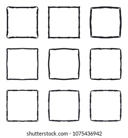 Set of hand drawn decorative square frames and borders. Mono line design templates, isolated on white