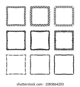 Set of hand drawn decorative square frames and borders. Mono line design templates, isolated on white