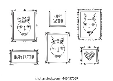 Set of hand drawn decorative square vintage photo frames with cute rabbits and words. Doodles, sketch for your design. Isolated on white. Vector illustration.