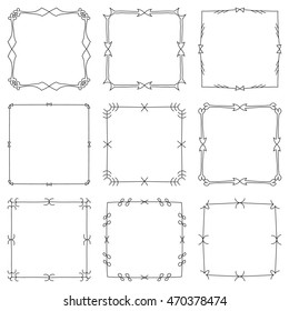 Set of hand drawn decorative square frames and borders. Mono line design templates, isolated on white background