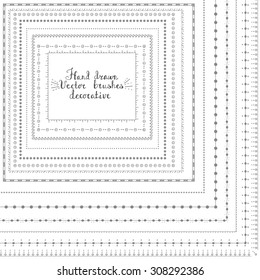 Set of hand drawn decorative vector brushes with inner and outer corner tiles. Dividers, borders, ornaments. Sketch, decoration doodle elements