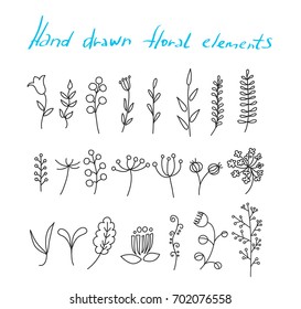 Set of hand drawn decorative vector floral elements for design