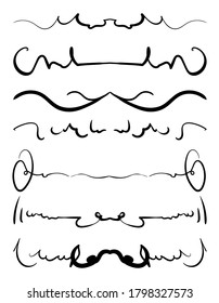 Set of hand drawn decorative vintage calligraphy flourishes.  whorl art for text ornament. Vector illustration. Hand drawn vintage swirl set.