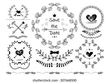 Set of hand drawn decorative wedding design elements.
