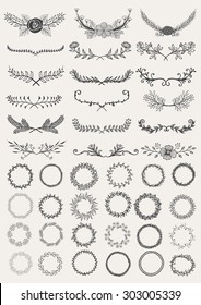 Set of hand drawn decorative wreaths and laurels