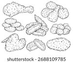 Set of hand drawn deep fried chicken, breast, drumstick, wing and nuggets outline drawing illustration