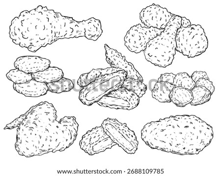 Set of hand drawn deep fried chicken, breast, drumstick, wing and nuggets outline drawing illustration