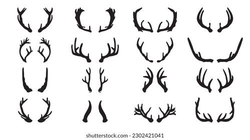 Set of hand drawn deer horns black on the white background.