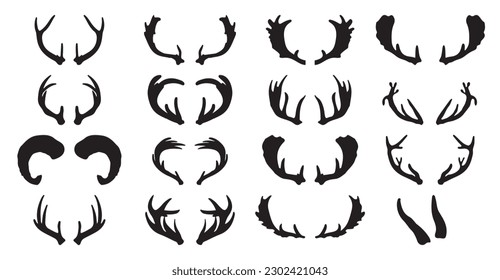 Set of hand drawn deer horns black on the white background.