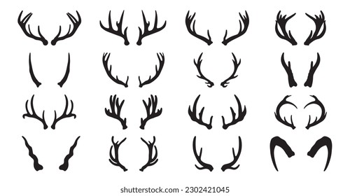 Set of hand drawn deer horns black on the white background.