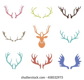 Set of hand drawn deer horns on the white background.