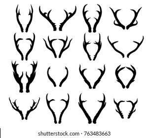 Set of hand drawn deer horns black on the white background.