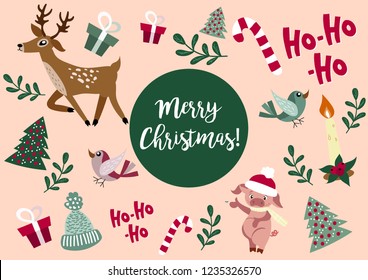 Set of hand drawn deer, lollipop, christmas tree, birds and gifts. Merry Christmas background