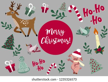 Set of hand drawn deer, lollipop, christmas tree, birds and gifts. Merry Christmas background