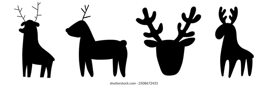 Set of hand drawn deer silhouette. Christmas concept. Illustrations on white background.