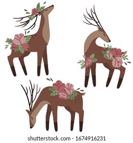 Juego de ciervos dibujados a mano con flores rosas. Ilustración vectorial.