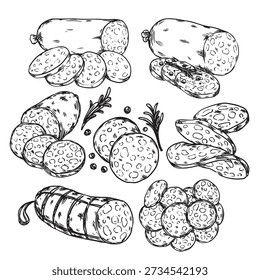 Conjunto de mão desenhada deli carne salame salsicha esboço desenho ilustração