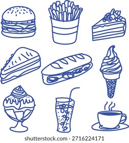 Set handgezeichnete leckere Fast Food und süße Dessert Icons perfekt für Café-Menüs