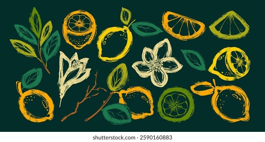 Conjunto de mão desenhado limões deliciosos. Colorido grunge abstrato coleção de limão com contorno e textura em negrito. Clipart comida suculenta no estilo doodle 