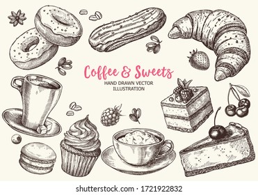 Set of hand drawn delicious sweets. Vector illustration. For dessert menu or food package design.