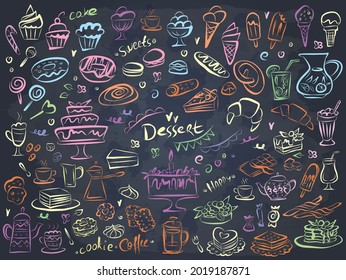 Set of hand drawn delicious sweets food on chalkboard. Vector illustration. Cakes, biscuits, baking, cookie, pastries, donut, ice cream, macaroons. Template for menu or food package design.