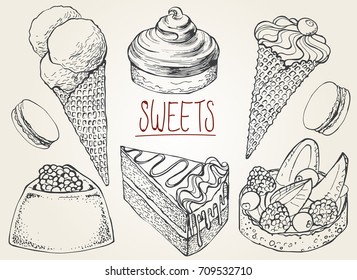 Set of hand drawn delicious sweets. Vector illustration. Cakes, biscuits, macaroons, baking, cookie, pastries, ice cream cone. Ink sketch illustration for dessert menu or food package design.