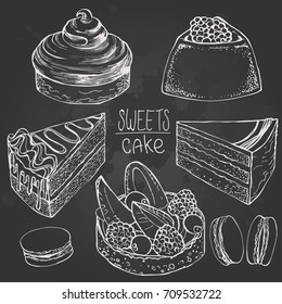 Set of hand drawn delicious sweets on chalkboard. Engraved style vector illustration. Cakes and macaroons outline. Food menu design template.