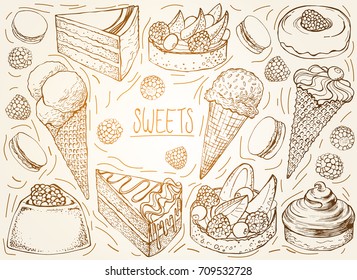 Set of hand drawn delicious sweets. Vector illustration. Cakes, biscuits, baking, cookie, pastries, donut, ice cream cone, raspberry. Ink sketch illustration for dessert menu or food package design.