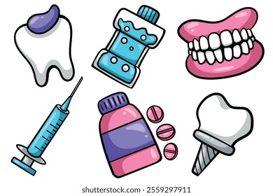 Set of Hand drawn dental element. collection of tooth, teeth generic, syringe, medicine bottle, implanted teeth Isolated Vector