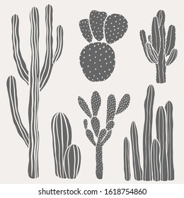 Set of hand drawn desert cactus. Vintage, botanical vector illustrations.