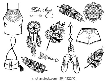 Set of hand drawn design boho elements (mandala, feathers, arrows, dreamcatcher, boho clothes). 