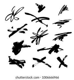 Set of hand drawn design elements. Vector collection of black ink abstract textures. Grunge ink pen - vector Brush Stroke. Distressed quill. Black Modern Textured pen Stroke.