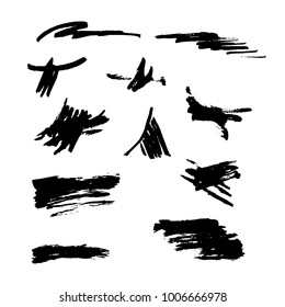 Set of hand drawn design elements. Vector collection of black ink abstract textures. Grunge ink pen - vector Brush Stroke. Distressed quill. Black Modern Textured pen Stroke.
