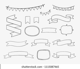 Set of hand drawn design elements. Vintage vector doodle banners, ribbons, frames, bunting banners in cartoon style. Wedding invitations, greeting cards, posters and other.