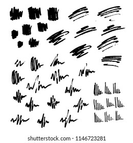 Set of hand drawn design elements. Vector collection of black brush stroke, ink, marker, pen abstract textures. Black ink random hand drawn scribbles set isolated on white background, grunge style.