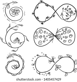 Set of hand drawn design elements with infinity symbols and swirls. Vector