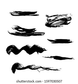 Set of hand drawn design elements. Vector collection of black ink abstract textures. Grunge ink pen - vector Brush Stroke. Distressed quill. Black Modern Textured pen Stroke.