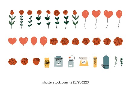 Set of hand drawn design elements for Valentine's Day. Vector collection for card, fabric, paper, web pages, wedding, invitation, save the date, holiday. Isolated shapes on a white background