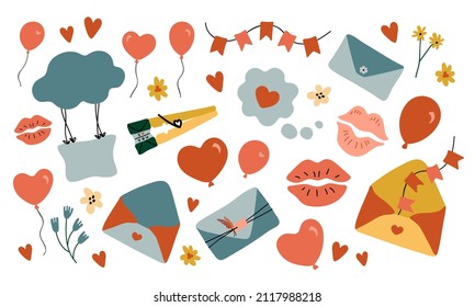 Set of hand drawn design elements for Valentine's Day. Vector collection for card, fabric, paper, web pages, wedding, invitation, save the date, holiday. Isolated shapes on a white background