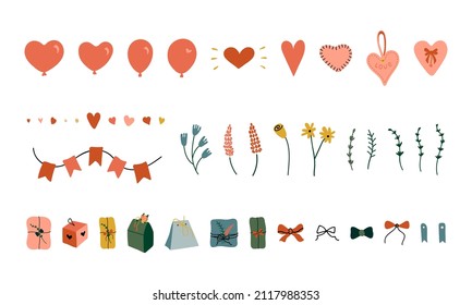 Set of hand drawn design elements for Valentine's Day. Vector collection for card, fabric, paper, web pages, wedding, invitation, save the date, holiday. Isolated shapes on a white background