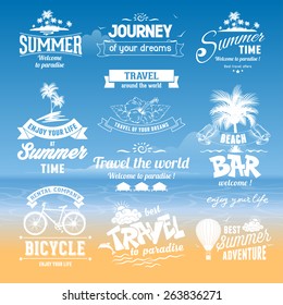 Set of hand drawn design elements for Summer calligraphic compositions. Vintage style. Best for Summer holidays, travel advertising, tropical paradise, weekend tour, beach vacation, adventure labels. 