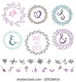 Set of hand drawn design elements - ampersands, doodles, frames, wreaths.