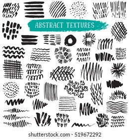 Set Of Hand Drawn Design Elements. Vector Collection Of Black Ink Abstract Textures.