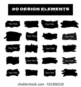 Set of hand drawn design elements, boxes, frames. Collection of black paint, ink brush strokes. Artistic creative shapes. Grunge style for you badges, labels, tags.