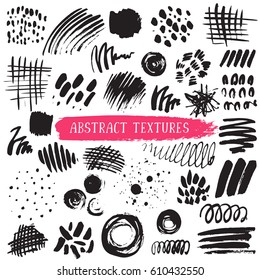 Set of hand drawn design elements. Vector collection of black ink abstract textures