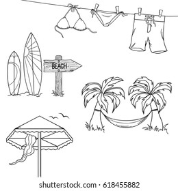 Set of hand drawn design elements for summer holidays and beach rest