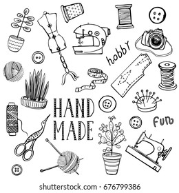 Set of hand drawn design elements for hand made hobby. Sewing machine, mannequin, thread, needle, needle pad, scissors, coil, measuring tape, pattern, thimble, button and other.